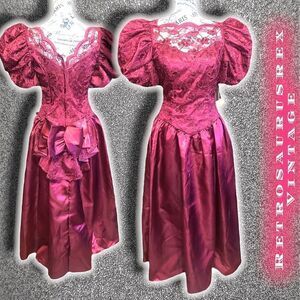 𝅺vintage Totally 1980’s Puff Sleeve Burgundy Lace Party Dress, New, Small
